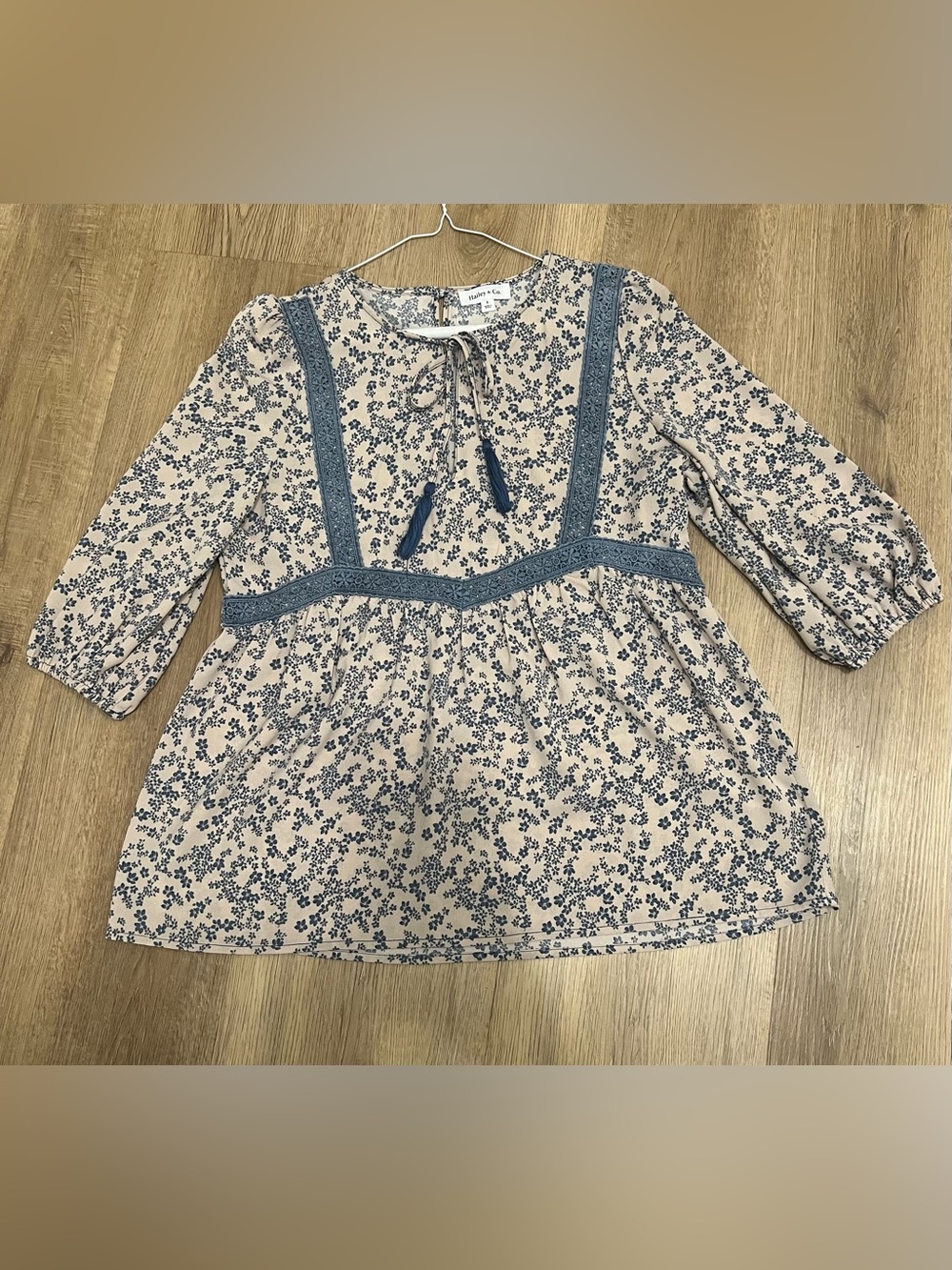 Floral Peasant Blouse with Blue Lace Trim